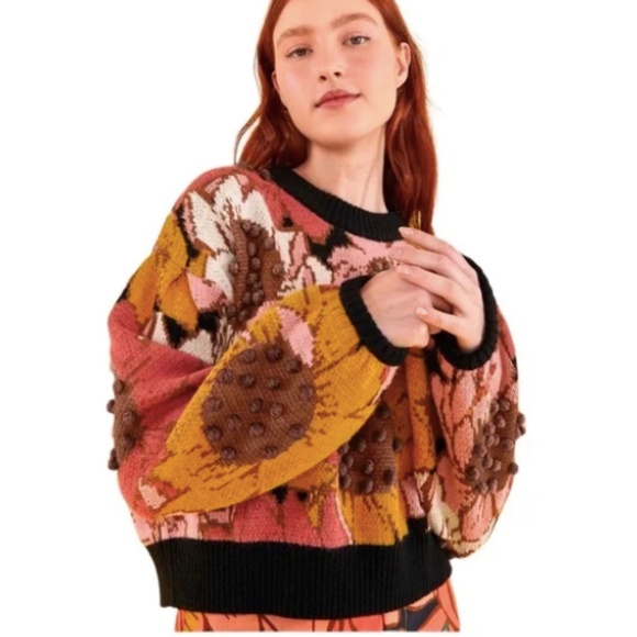 NEW! Farm Rio Sunflower Pom Pom Sweater Size: Medium - Picture 3 of 14